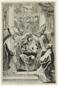 Weihe des Bischofs von Noyon mit Pfingstszene darüber