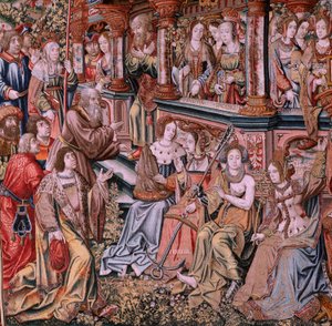 Flämischer Wandteppich. Serie Die Ehren. Tugend. Achter Wandteppich der Serie. Modell Zeichner aus dem Kreis von Bernard van Orley und Jan Gossaert. Herstellung Pieter van Aelst, Brüssel. Ca. 1550