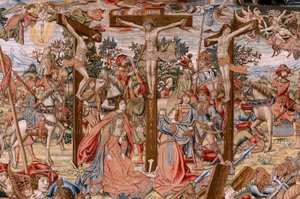 Flämischer Wandteppich. Serie Die Passion Christi. Der Weg nach Golgatha und Begegnung mit Veronika. Erster Wandteppich der von Nationales Erbe aufbewahrten. Modell von Zeichnern aus dem Kreis von Jan van Roome und Bernard van Orley.