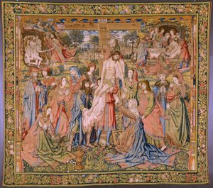 Flämischer Wandteppich. Serie Die Passion Christi: Kreuzabnahme. Herstellung Pieter van Aelst. Kartonist Jan van Roome. Ca. 1507-1520 von Pieter Coecke van Aelst
