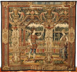 Vertumnus und Pomona: Vertumnus verwandelt sich in einen Baumschneider, ca. 1550 (Gold, Wolle und Seide) von Pieter Coecke van Aelst