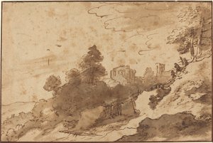Landschaft mit Brücke und Ruinen im Hintergrund von Pieter Dircksz Santvoort