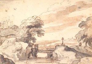 Landschaft mit einer alten Brücke über einen Bach von Pieter Dircksz van Santvoort