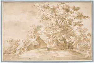 Landschaft mit einer großen Eiche neben Bauernhütten
