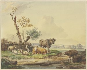Bei einem Zaun Vieh auf der Weide, rechts zwei Schweine von Pieter Gerardus van Os