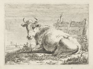 Liegende Kuh bei einem Zaun von Pieter Gerardus van Os