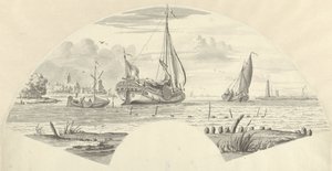 Ansicht einiger Boote auf dem Wasser und einer Mühle bei einer Kirche