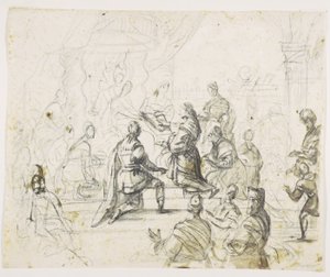 Figuren knien vor einem König auf dem Thron von Pieter Isaacsz