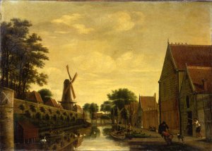 Ein Kanal an einer Stadtmauer mit Arbeitern, die Holz entladen, ca. 1650