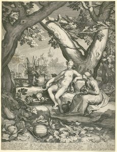 Vertumnus leiht sich die Gestalt einer alten Frau, um Pomonas Liebe zu gewinnen, 1605 (Kupferstich auf Büttenpapier)