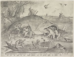 Große Fische fressen die kleinen Fische, graviert von Pieter van der Heyden