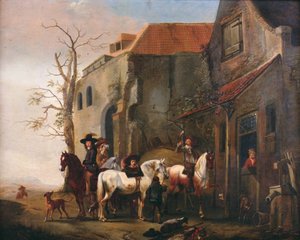 Reiter und Pferde an der Tür eines Gasthauses von Pieter Wouwermans or Wouwerman