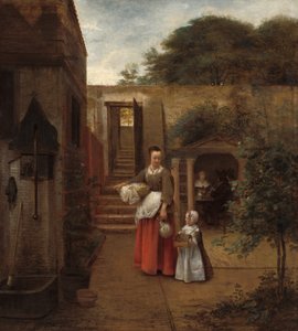 Frau und Kind in einem Hof