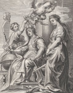 Allegorie der guten Regierung, in der Mitte sitzend und von einem Putto und einer Frau gekrönt, ca. 1640-74