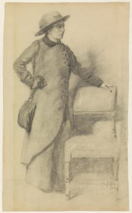 Stehende Dame mit Hut und Mantel