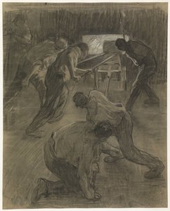 Sechs Arbeiter bei der Arbeit in den Hochöfen von Pieter de Josselin