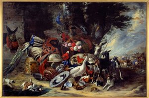 Tiere und Utensilien, auch genannt Jakobs Aufbruch nach Mesopotamien. Gemälde von Pieter Boel von Pieter or Peter Boel