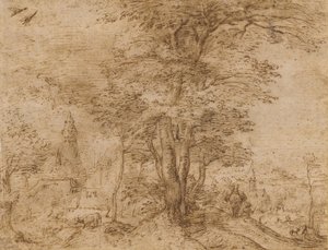 Ein Dorf mit einer Baumgruppe und einem Maultier, ca. 1552-54