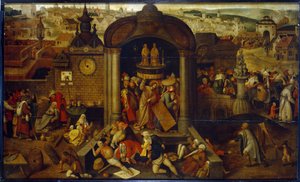 Christus vertreibt die Geldwechsler aus dem Tempel. Mit Szenen der Passion Christi im Hintergrund, vor dem Panorama der Stadt. Gemälde eines holländischen Künstlers, beeinflusst von Hieronymus Bosch