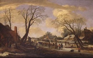 Winterliche Flusslandschaft mit Bauern und Pferdeschlitten