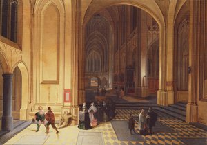 Innenraum einer Kathedrale mit einem Bettler und anderen Figuren
