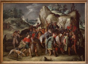 Der heilige Paulus wird nach Damaskus (Syrien) geführt, nach seiner Bekehrung. Dieses Gemälde, direkt nach einem Stich von Lucas de Leiden (1509), stellt die Episode nach dem Sturz vom Pferd des Saulus von Tarsus dar, der nach seiner Bekehrung zum heiligen