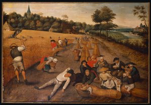 Sommer: Erntearbeiter arbeiten und essen in einem Kornfeld, 1624