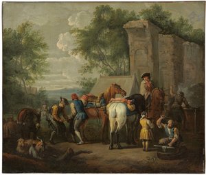Ein militärischer Schmied beschlägt Pferde bei einer Ruine von Pieter van Bloemen