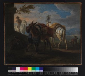 Maultiere, die am Straßenrand haltmachen, vor 1720