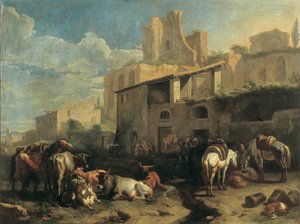 Reisende und verschiedene Tiere halten vor einer Taverne mit römischen Ruinen im Hintergrund von Pieter van Bloemen