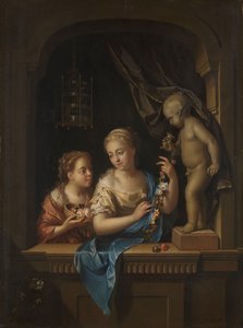 Zwei Mädchen mit Blumen bei einer Statue von Cupido