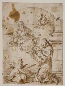 Der heilige Antonius von Padua kniet mit dem Christuskind in den Armen, während die Jungfrau und Engel am Himmel erscheinen von Pietro Antonio Novelli