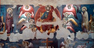 Das Jüngste Gericht, der thronende Christus umgeben von Engeln. Detail. Fresko von Pietro de Cerroni, genannt Cavallini (tätig um 1273-1321) 1293, Rom, Santa Cecilia in Trastevere