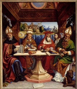 Die vier Kirchenlehrer mit den Symbolen der vier Evangelisten (Heiliger Augustinus mit einem Adler, Heiliger Gregor der Große mit einem Ochsen, Heiliger Hieronymus mit einem Engel und Heiliger Ambrosius mit einem geflügelten Löwen).