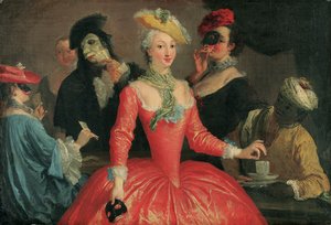 Elegante Gesellschaft in Maskenkostümen beim Kaffeetrinken und Kartenspielen
