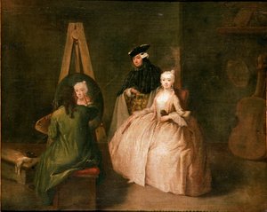 Das Atelier des Malers. Der Maler vor seiner Staffelei porträtiert eine junge Frau. Gemälde von Pietro Longhi (1702-1785) 1740-1745 von Pietro Longhi