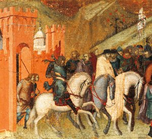 Erste Karmeliten-Eremiten im Frühling des Elias, Detail aus der Predella des Altars für Carmine, Pietro Lorenzetti von Pietro Lorenzetti