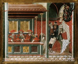 Papst Honorius III. genehmigt die Karmelitenregel (Detail) von Pietro Lorenzetti