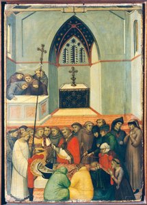 Der exhumierte Körper des Seligen wird intakt und frisch gefunden, Fliese auf dem Altarbild der Seligen Demut von Pietro Lorenzetti