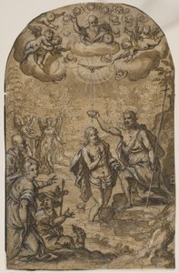 Die Taufe Christi mit Gott dem Vater und Engeln unter Wolken