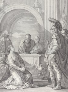 Jephtas Tochter kniet am Opferaltar, mit ihrem Vater stehend rechts, 1730-50 von Pietro Monaco