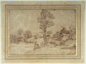 Landschaft mit einem See und Gebäuden, eine Mutter und ein Kind sitzen unter einem Baum
