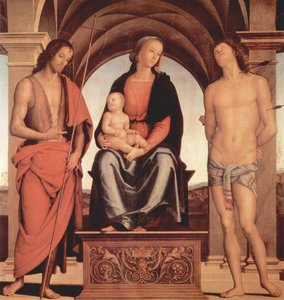 Thronende Madonna mit Hl. Johannes dem Täufer und Hl. Sebastian von Pietro Perugino