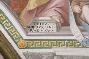 Künstler-Signatur, Die Krönung der Jungfrau Maria (Fresko) (Detail) von Pietro Sorri