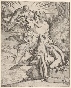 Opferung Isaaks: ein Engel drückt gegen den dolchtragenden Arm Abrahams, der ..., ca. 1645-50 von Pietro Testa