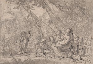 Der Garten der Nächstenliebe, Frau, die Nächstenliebe darstellt, rechts umgeben von Kindern, ca. 1631-37