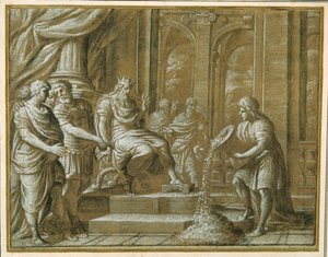 Ein älterer König, auf einem Thron mit Begleitern in einer architektonischen Umgebung, und ein Jüngling, der zu ihrem Erstaunen aus einer Vase gießt