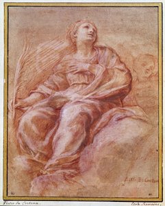 Darstellung von Saint Firmine, der auf den Wolken sitzt. Bleistiftzeichnung von Pietro Berrettini, bekannt als Pierre de Cortona oder Pietro da Cortona (1596-1669). 1647. Paris, Louvre Museum, Zeichnungsabteilung von Pietro da Cortona