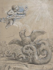 Design mit einem Adler, der mit einer Schlange kämpft, und einem Putto im Himmel, 17. Jahrhundert