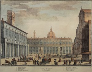 Italien, Bologna, Piazza Maggiore oder Piazza Grande, von Pio Panfili, Gravur von Pio Panfili